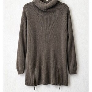 LIRA Collectively Created Knit Cowl Neck Sweater Large Brown Ribbed Zip Hem Cozy